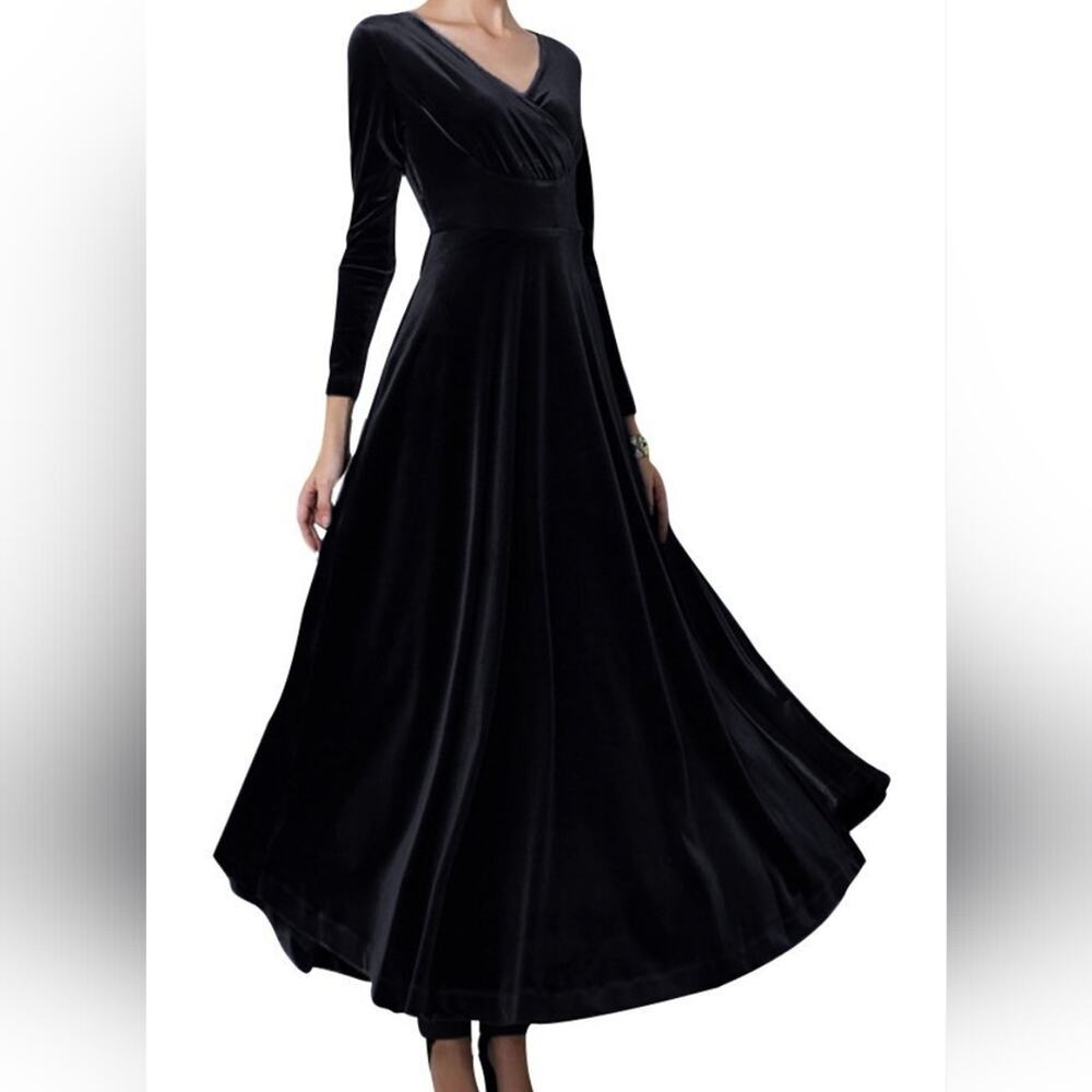 New Black V-Neck Velvet Dress Stretchy Long Dress Women's‎ Party Dress Size XXL